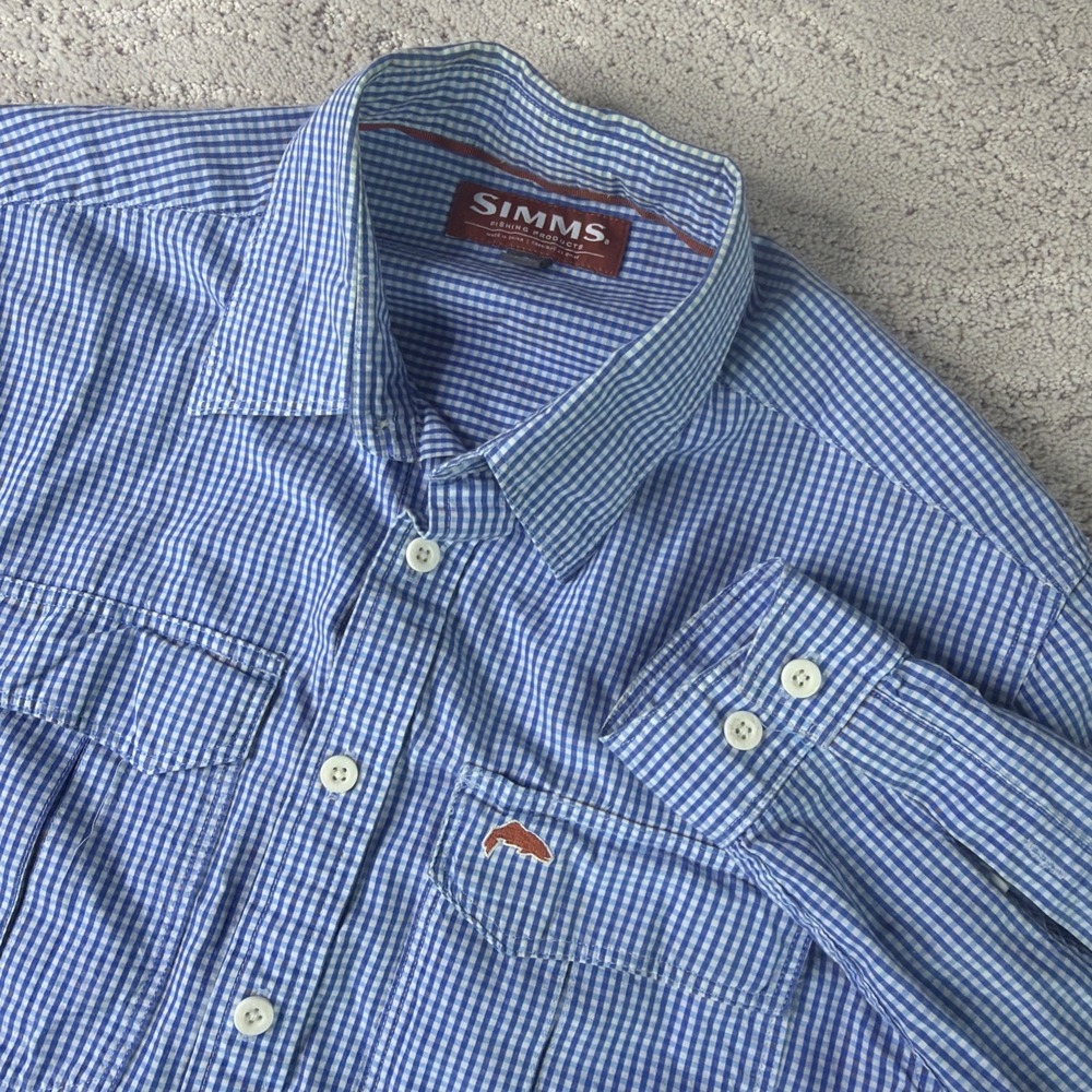 Men's Simms Small Long Sleeve Blue Gingham Fishing Button Shirt